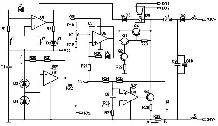 多路溫度遠傳監測儀電源、V/I轉換和報警電路