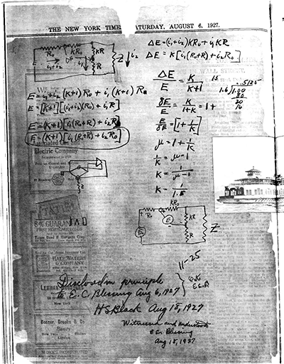 Black負反饋放大器的靈感來自于上班途中的靈光一現，只能將其記錄在手頭的紐約時報上